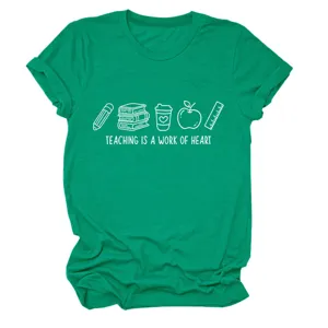 T-Shirt Femme Vert Manches Courtes Haut Imprime Enseignant Casual Vetement Quotidien
