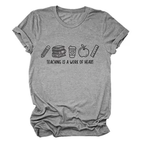 T-shirt gris femme manches courtes motif enseignant col rond haut décontracté chic