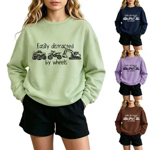 Damen Freizeit Rundhals Langarm Sweatshirt mit niedlichen Fahrzeug Grafiken Alltag