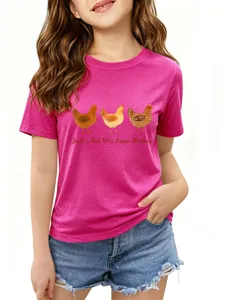 T-shirt décontracté à manches courtes pour enfants avec imprimé graphique de poulet rose.