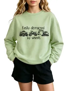 Kinder hellgrüner Langarm Pullover mit lustigem Fahrzeug Grafikdruck Freizeitoberteil