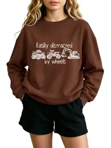 Brauner Sweatshirt mit Rundhalsausschnitt und tollem Fahrzeugreifen Grafikdruck Design.