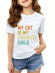 Kinder Freizeit Rundhals Kurzarm T-Shirt mit Katzen Slogan Print Detail Ansicht.