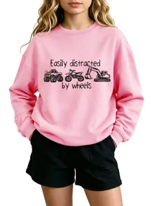 Rosa bedruckter Damen Pullover mit langem Ärmel und coolem Auto Motiv für Freizeit.