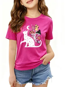 Maglietta a maniche corte per bambini con stampa di gatto e funghi per look casual.