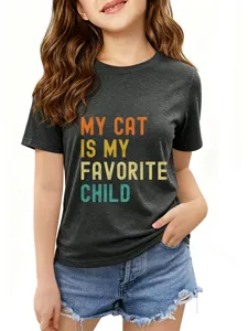 Dunkelgraues Rundhals Kurzarm T-Shirt fuer Damen mit einem lustigen Katzen Slogan.
