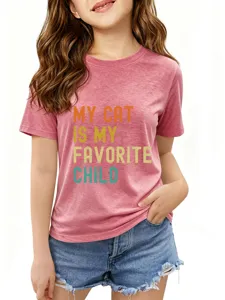 Casual rosa Kurzarm Rundhals T-Shirt für Mädchen mit süßem Katzen Spruch Druck.