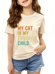 Kinder Freizeit Rundhals Kurzarm T-Shirt mit süßem Katzen Spruch Aufdruck, aprikose.