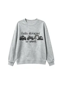 Grauer Langarm Rundhals Pullover für Kinder, lässiges Grafik-Top mit Auto-Motiven.