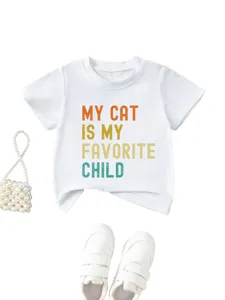 Kinder Freizeit weiße Kurzarm T-Shirt mit lustigem Katzen Druck, bequeme Alltag Kinderkleidung.