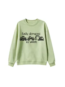 Hellgrüner Pullover mit Rundhalsausschnitt, lustigem Fahrzeugmotiv und Frontdruck für Kinder.