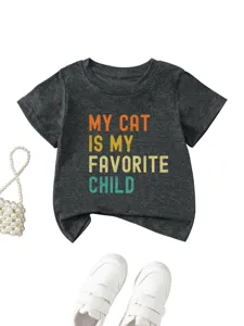 Süßes Kinder Kurzarm T-Shirt dunkelgrau Katzen Buchstabe Print Freizeit Alltag Sommer Top