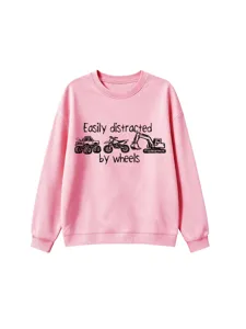 Rosa Kinder Sweatshirt Detail, niedlicher Fahrzeugdruck, lange Ärmel, Casual Stil.