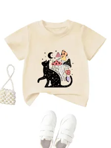 Maglietta manica corta per bambini con stampa gatto e fungo, t-shirt casual beige per bimbo