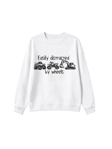 Weisses Sweatshirt mit rundem Ausschnitt und coolem Auto-Grafikdesign fuer den Alltag.