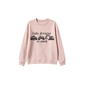 Rosa langarm Rundhals Sweatshirt mit lustigem Auto und Reifen Grafikdruck Freizeit Oberteil