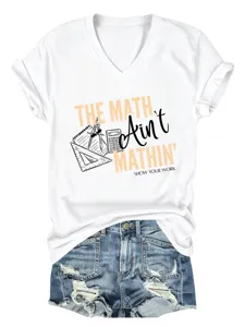 Maglietta bianca da donna casual con scollo a V e maniche corte con stampa grafica divertente.