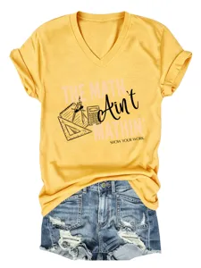 Maglietta casual da donna con scollo a V e maniche corta con stampa grafica divertente di matematica.