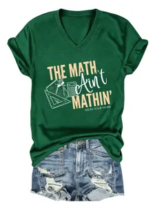 T-shirt grafica a maniche corte con scollo a V verde scuro con stampa di testo di matematica.