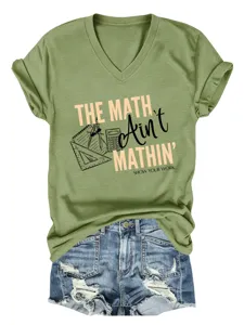 Maglietta donna scollo V manica corta stampa matematica casual estiva con shorts jeans