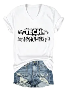 Maglietta grafica collo a V manica corta tech teacher donna moda casual top estivo