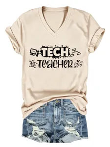 Maglietta casual da donna con scollo a V e maniche corte con stampa grafica tech teacher.