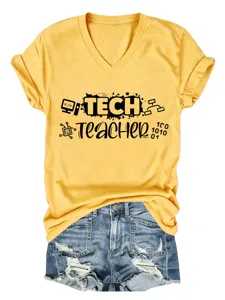 Maglietta Donna Scolollo V Manica Corta Tech Insegnante Top Grafico Stampa Giallo