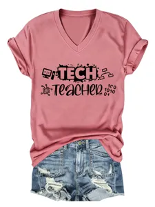 Maglietta donna scollo V manica corta Tech Teacher con stampa codice informatico casual.