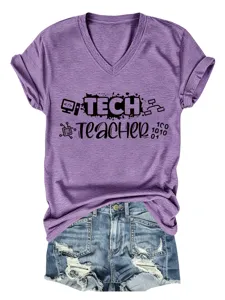 Maglietta donna scollo V manica corta Tech Teacher grafica casual estiva viola top