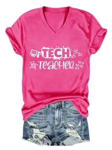 Elegante maglietta da donna a maniche corte con scollo a V e stampa grafica tech teacher.