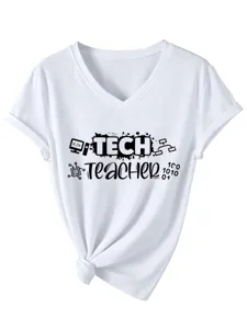 Tech Professore Donna Scollo V Maniche Corte T-Shirt Casual Codice Grafica Top Bianco
