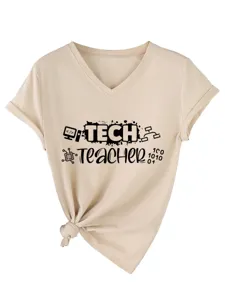 Maglietta donna casual con scollo a V e maniche corte con grafica tech teacher e nodo.