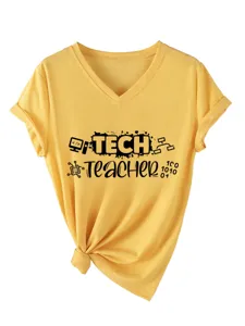 Elegante Casual maglietta donna scollo V manica corta Tech Insegnante top estivo grafico