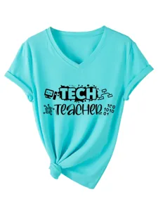 Maglietta da donna turchese scollo V maniche corte con stampa grafica tech teacher casual top.
