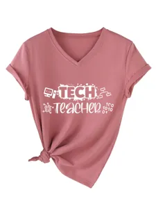 Maglietta estiva donna scollo V maniche corte Tech Teacher casual con nodo fondo elegante.