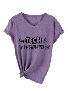 Maglietta grafica viola casual con scollo a V e maniche corte donna tech teacher top