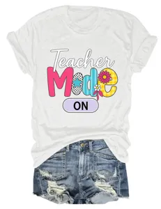 Casual women's round neck short sleeve t-shirt with teacher graphic print top.