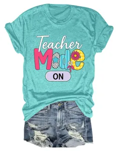 Casual women short sleeve teacher graphic t shirt matched with denim shorts for daily wear.