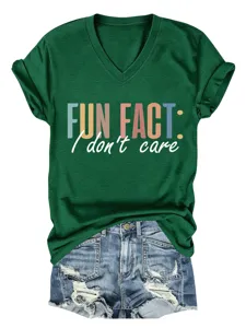 Maglietta casual da donna verde con scollo a V e maniche corte con stampa slogan divertente.
