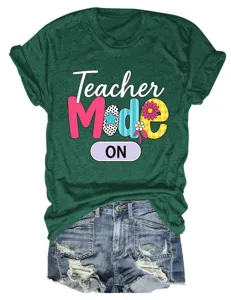 Women casual short sleeve t-shirt featuring teacher mode on graphic print design details.