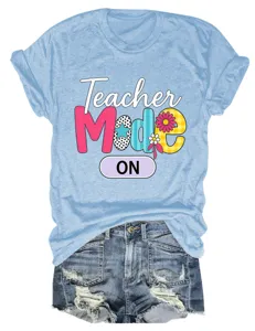 Teacher mode on casual women short sleeve t-shirt and denim shorts set for daily wear.