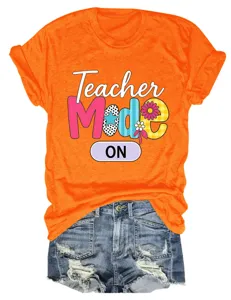 Women casual orange short sleeve t-shirt with teacher mode graphic print and denim shorts.