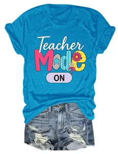 Casual women short sleeve t-shirt with teacher mode print, vibrant blue daily tee top.