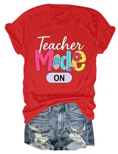 Casual red short sleeve crewneck teacher mode on graphic tee women summer fashion top