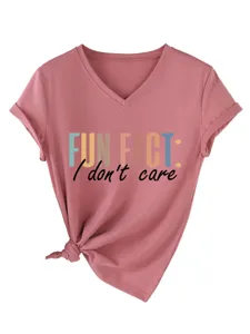 Maglietta casual da donna a maniche corte con scollo a V, stampa divertente e orlo annodato.