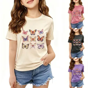 T-shirt manches courtes col rond pour enfant avec imprimé graphique de papillons multicolores sympas.