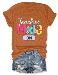 Detail view of the stylish women's rust short sleeve t-shirt featuring teacher print.