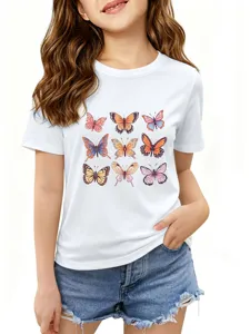 T-shirt blanc à manches courtes pour enfants avec neuf motifs de papillons colorés parfaits.