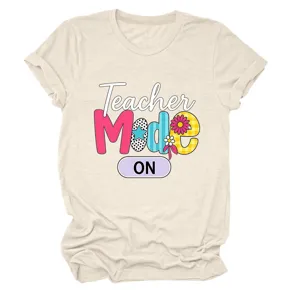 Casual women round neck short sleeve t shirt with teacher mode print beige basic top