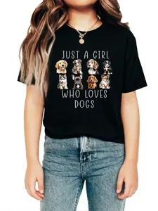 T-shirt noir à manches courtes pour fille avec imprimé de chiens et col rond décontracté.